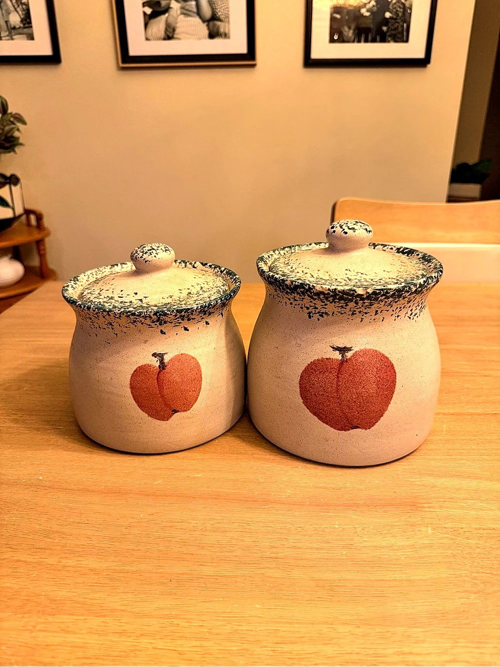 Vintage cottage core stoneware apple canisters